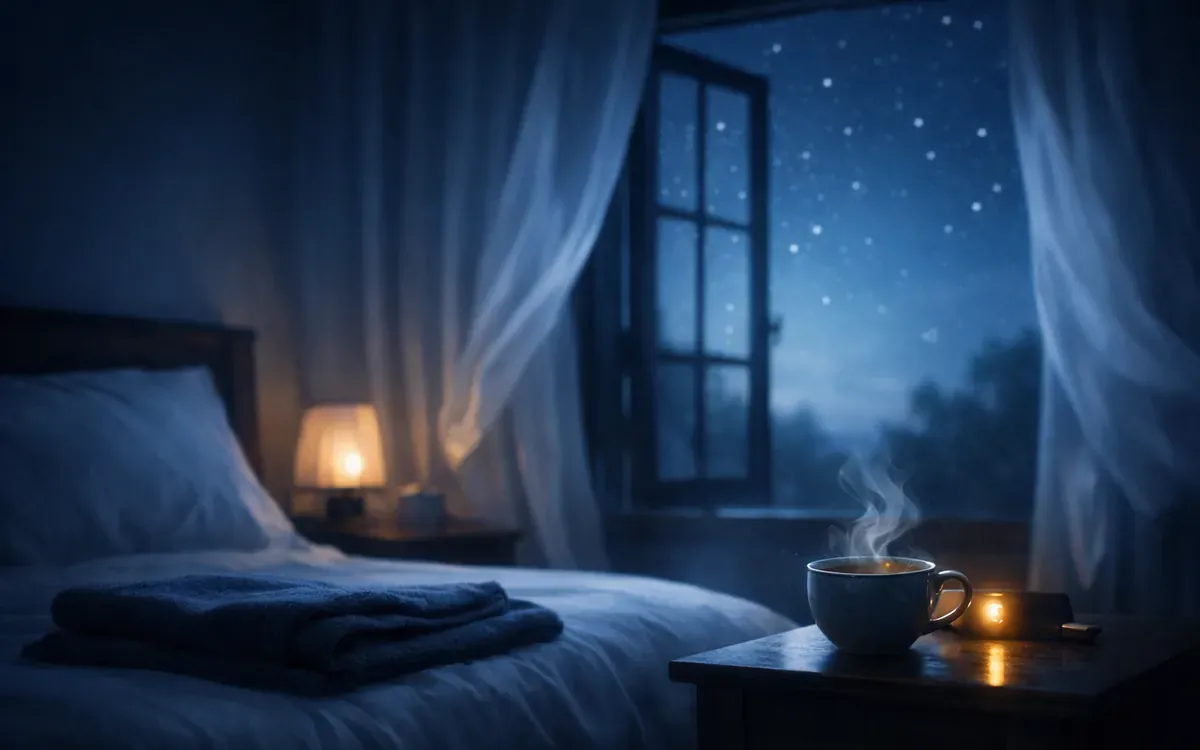 Illustration du guide : chambre plongée dans une lumière bleue de nuit, lit fait, tasse fumante sur la table de chevet et fenêtre ouverte sur un ciel étoilé