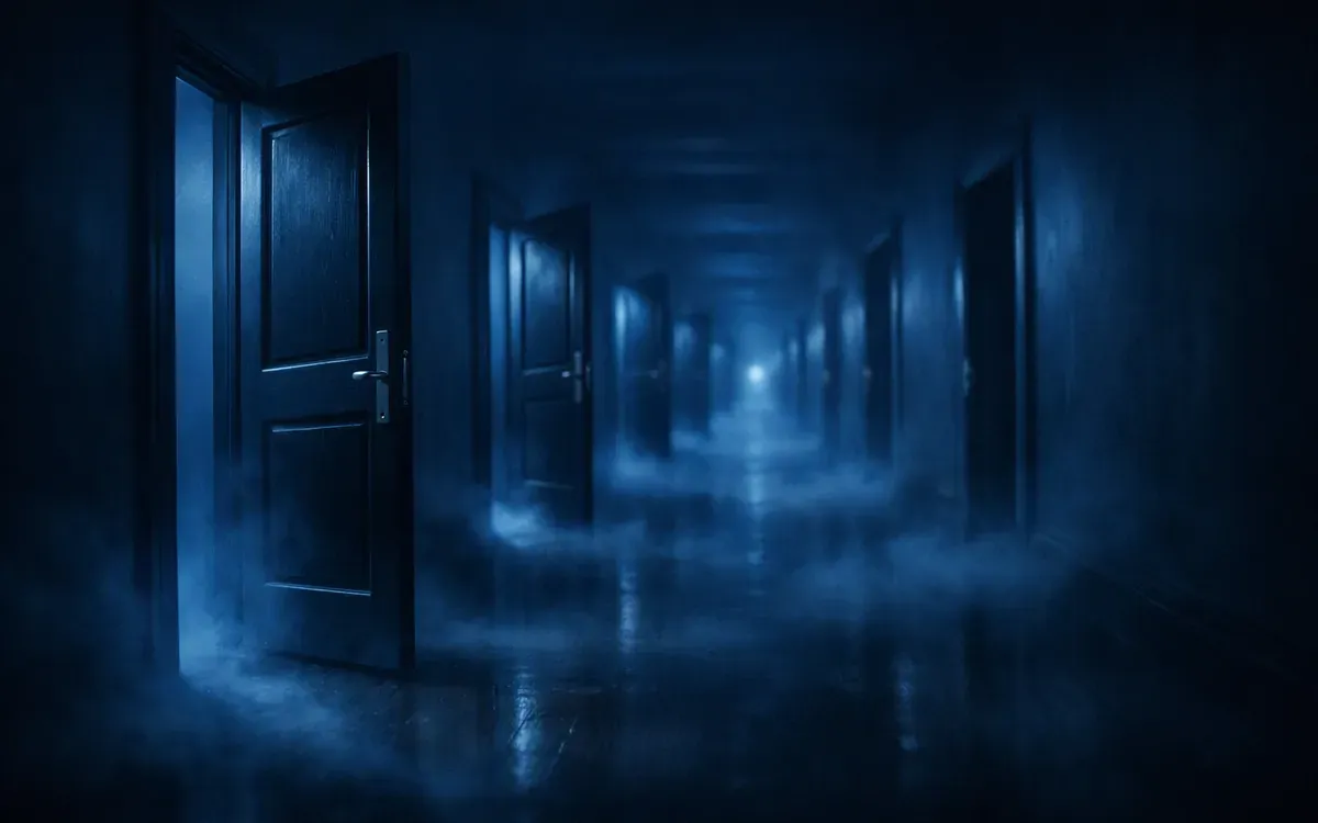 Illustration du guide : long couloir baigné de lumière bleue où se répètent les mêmes portes entrouvertes, dans une brume de rêve