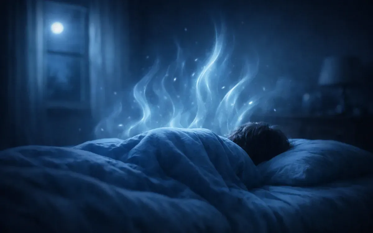 Illustration du guide : chambre de nuit baignée de lumière bleue, silhouette endormie vue de dos sous la couette et volutes lumineuses au-dessus du lit