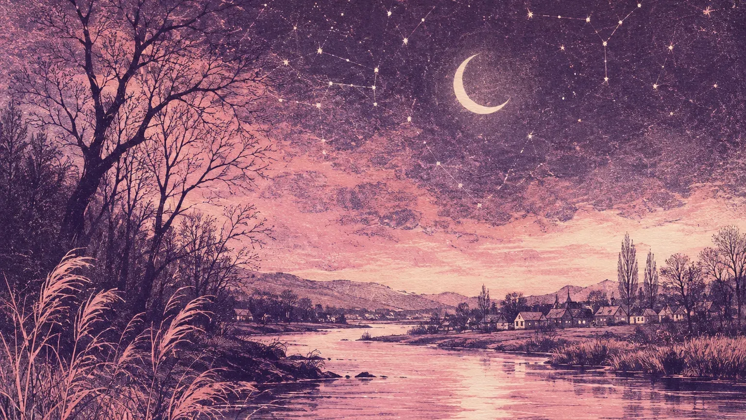 Une rivière sous un croissant de lune, encre et lavis dans les tons prune et rose